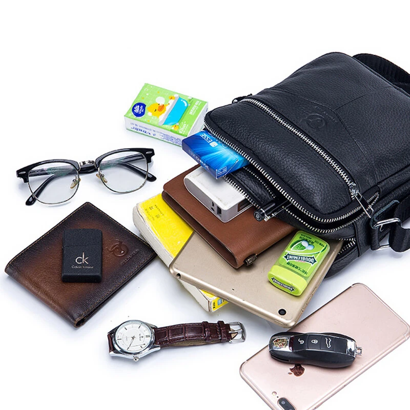 (image for) BULLCAPTAI Genuine Leather Men's Shoulder Bag Cowhide Messenger Bags Fashion Male Causal Small Double Zipper Crossbody Bag Short-distance Compact Mini Travel Bag